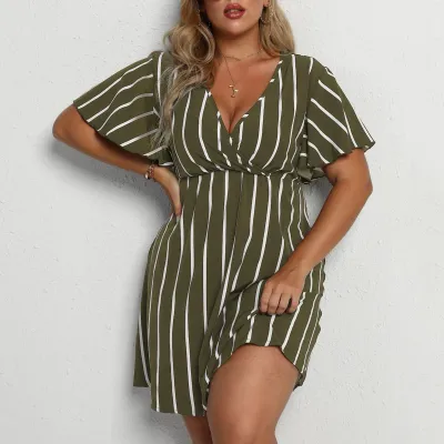 Women Plus Size Urban Wind Stripe V-Neck Horn Sleeve Midi Dress