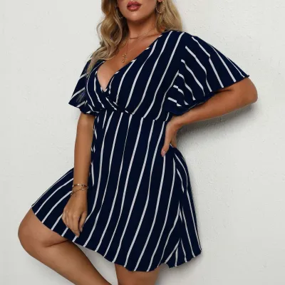 Women Plus Size Urban Wind Stripe V-Neck Horn Sleeve Midi Dress