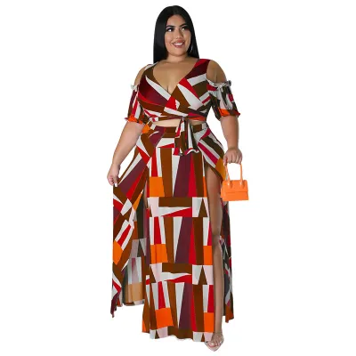 Women Plus Size Urban Wind Contrast Shoulder Skirt Suit Set