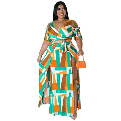 Women Plus Size Urban Wind Contrast Shoulder Skirt Suit Set