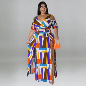 Women Plus Size Urban Wind Contrast Shoulder Skirt Suit Set