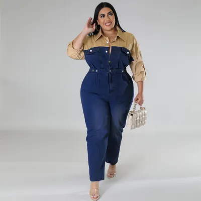 Plus Size Women Denim Color Contrast Jumpsuit