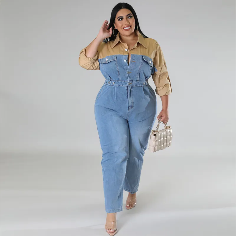 Plus Size Women Denim Color Contrast Jumpsuit