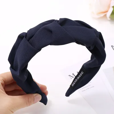 Women Elegant Pleated Wide-Brimmed Solid Color Sweet Cloth Headband