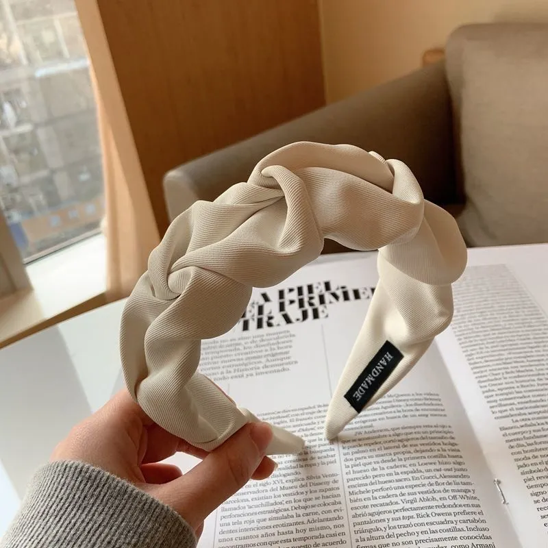 Women Elegant Pleated Wide-Brimmed Solid Color Sweet Cloth Headband