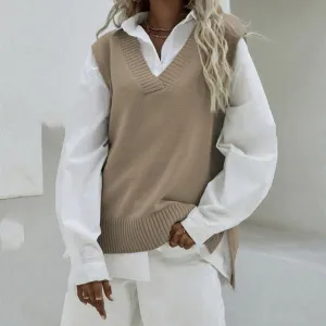 Autumn And Winter Women Simple Solid Color V-Neck Sleeveless Pullover