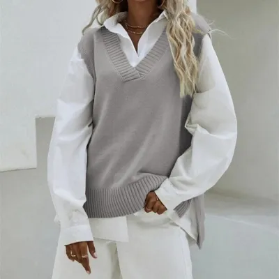 Autumn And Winter Women Simple Solid Color V-Neck Sleeveless Pullover