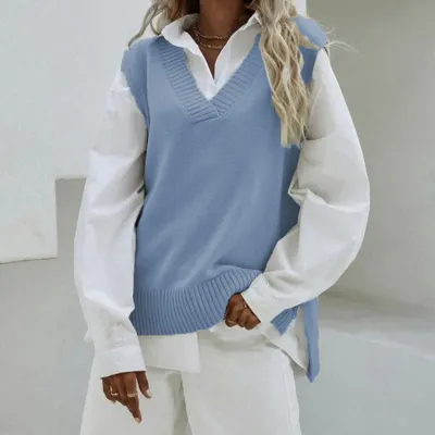 Autumn And Winter Women Simple Solid Color V-Neck Sleeveless Pullover
