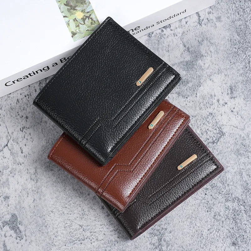 Men's Fashion Casual PU Litchi Pattern Bifold Wallet Solid Color