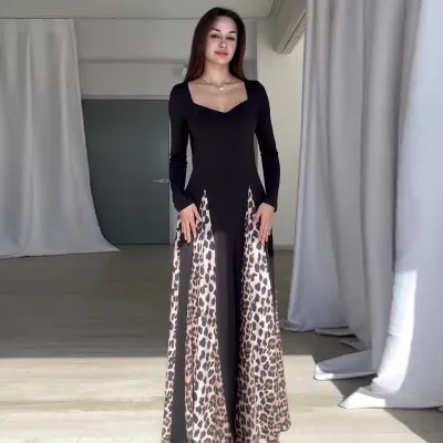 Women Elegant Round Neck Long-Sleeve Slim-Fit Contrasted Color Dress