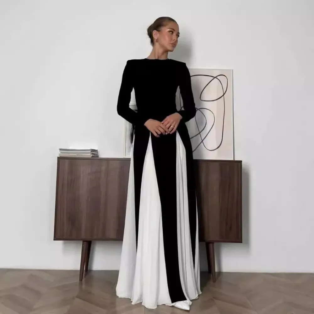 Women Elegant Round Neck Long-Sleeve Slim-Fit Contrasted Color Dress