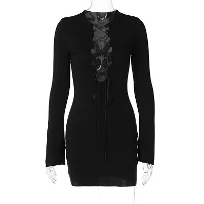 Women Slim-Fit Lace-Up Long-Sleeve Horn Sleeve Dress