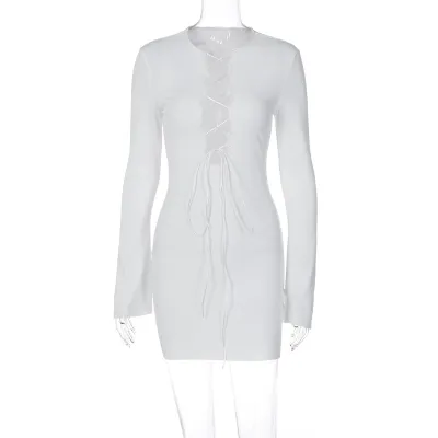 Women Slim-Fit Lace-Up Long-Sleeve Horn Sleeve Dress