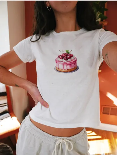 Women's Slim Fit Cherry Printed Crop Top T-Shirt