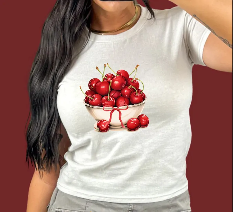 Women's Slim Fit Cherry Printed Crop Top T-Shirt
