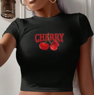 Women Sexy Slim-Fit Cherry Printed Crop T-shirt