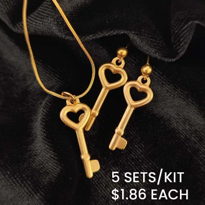 Vintage Women Stainless Steel Key Pendant Chain Necklace Earrings Set
