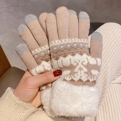 Women Fashion Winter Warm Fleece-Lined Thickened Knitted Gloves