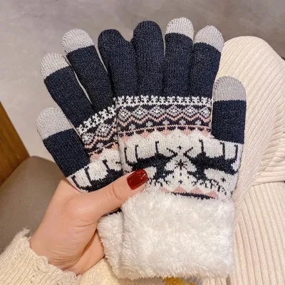 Women Fashion Winter Warm Fleece-Lined Thickened Knitted Gloves