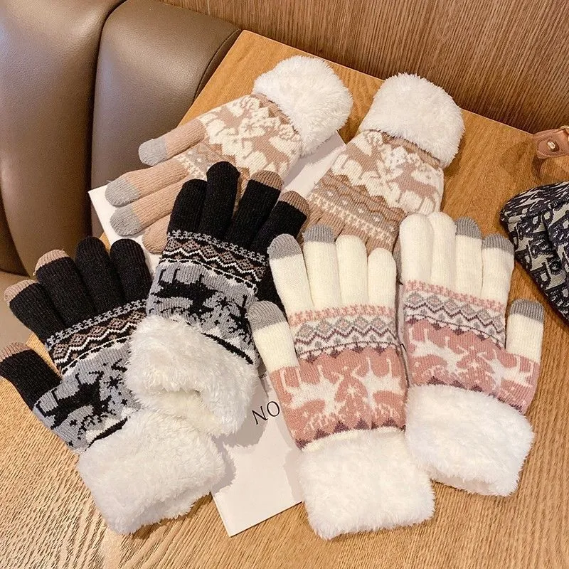 Women Fashion Winter Warm Fleece-Lined Thickened Knitted Gloves
