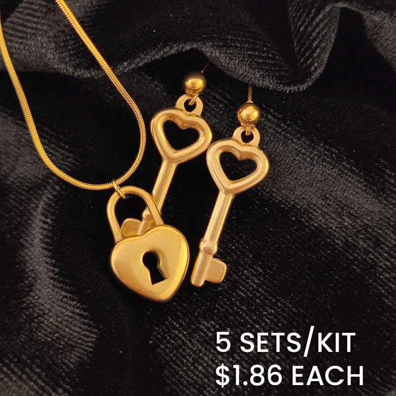 Vintage Women Stainless Steel Lock Pendant Necklace Key Earrings Jewelry Set
