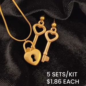Vintage Women Stainless Steel Lock Pendant Necklace Key Earrings Jewelry Set