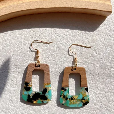 Women Fashion Wooden Resin Stitching Geometric Earrings