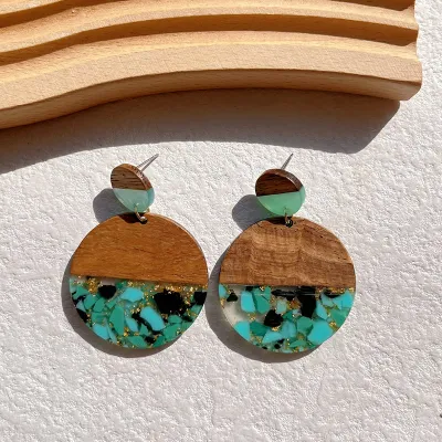 Women Fashion Wooden Resin Stitching Geometric Earrings