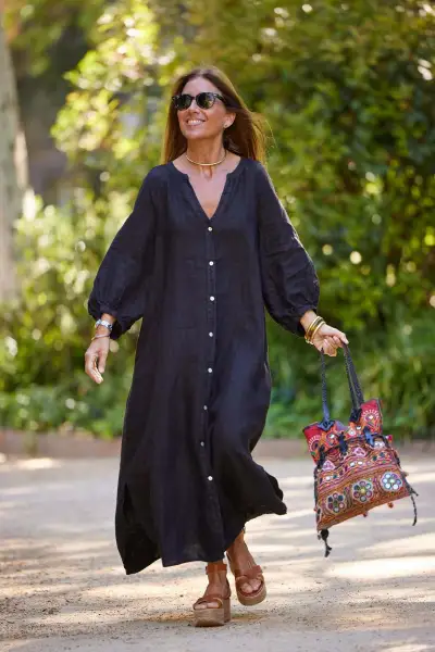 Women Casual Elegant Cotton Linen Long Sleeve Maxi Dress