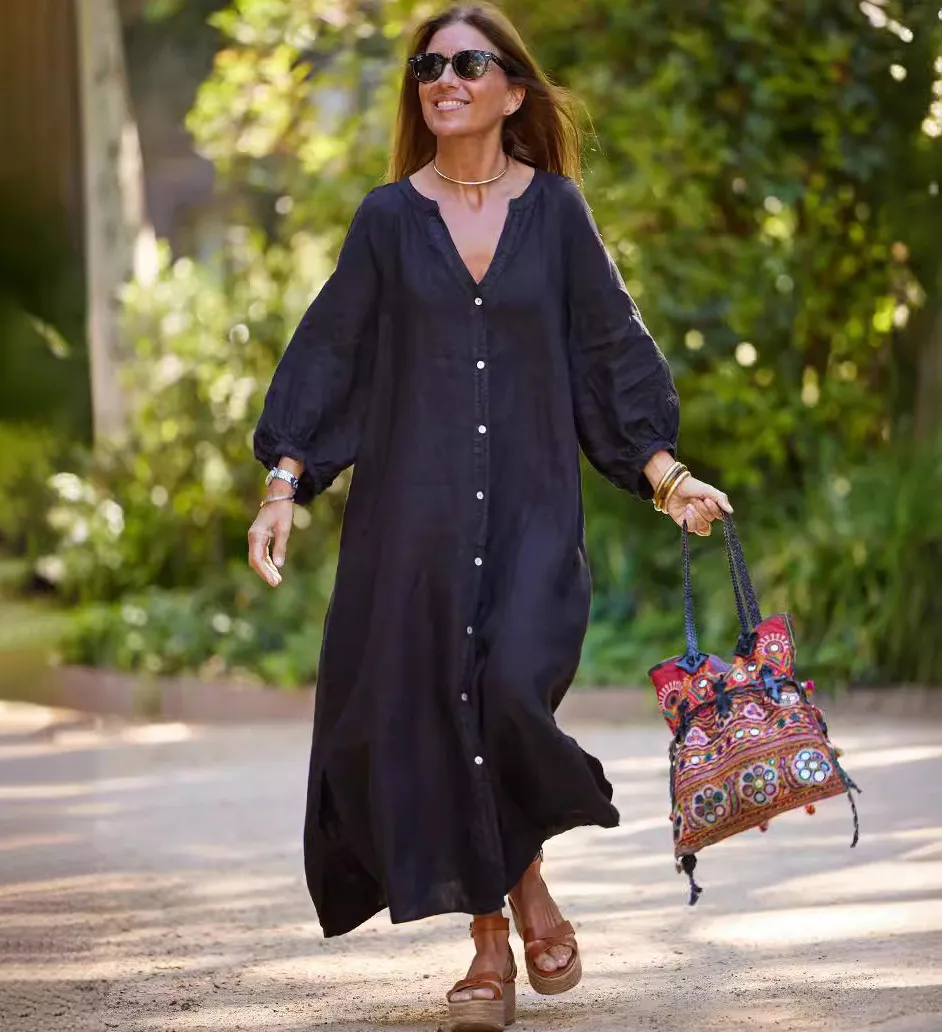 Women Casual Elegant Cotton Linen Long Sleeve Maxi Dress