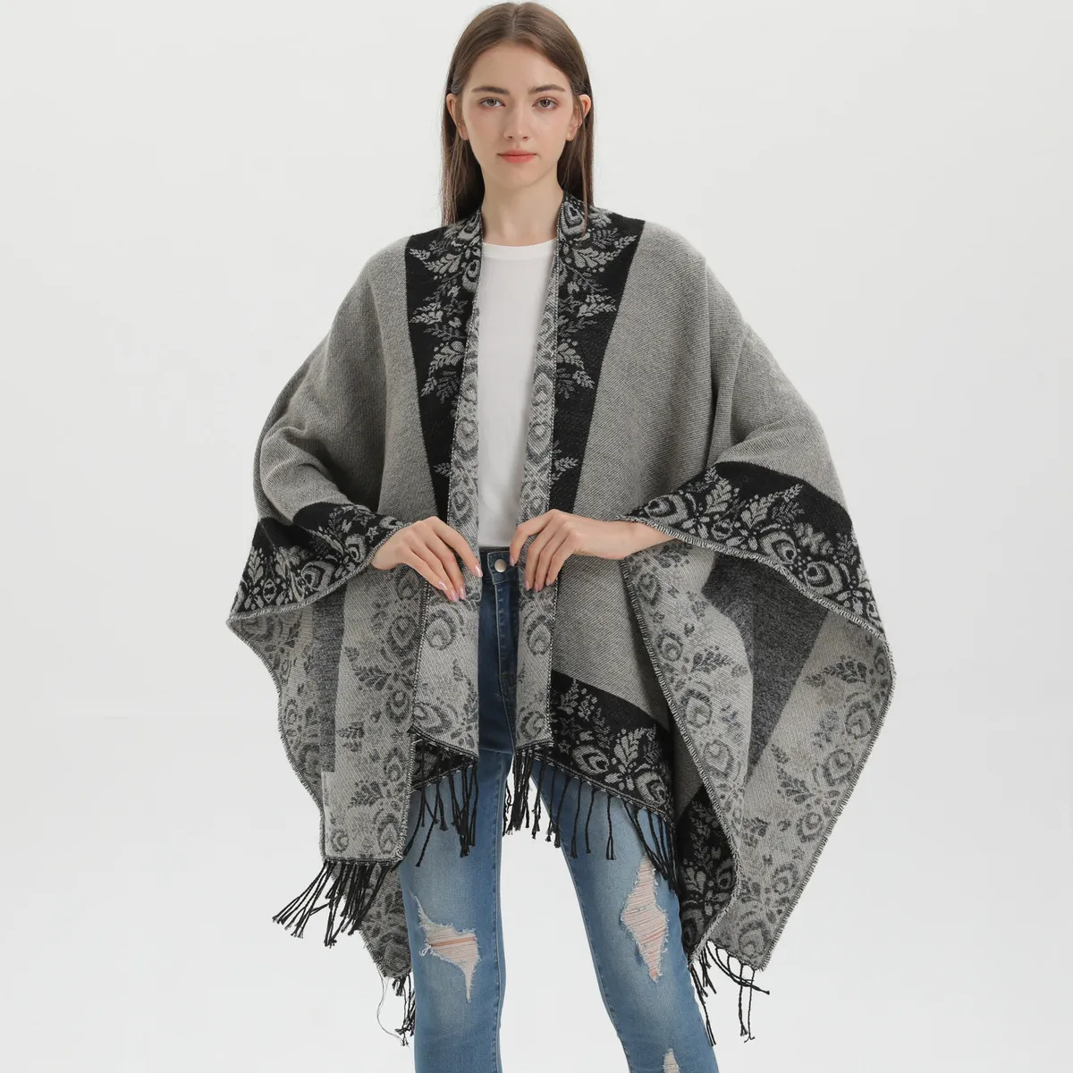 Women Fashion Geometry Print Tassel Imitation Cashmere Long Shawl Scarf