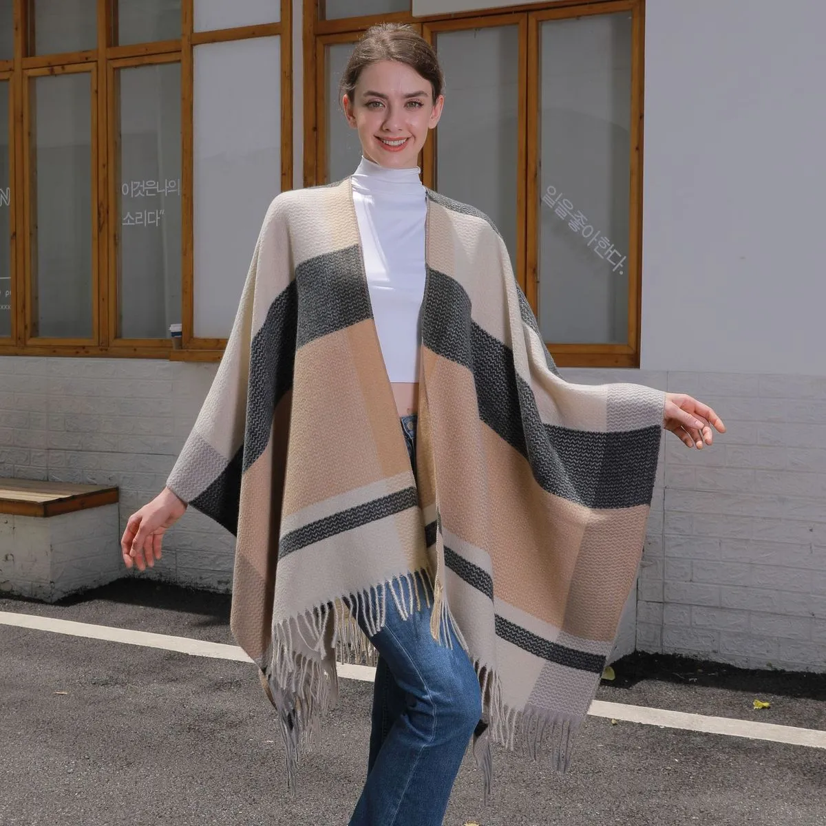 Women Fashion Plaid Print Tassel Long Thicken Shawl Scarf