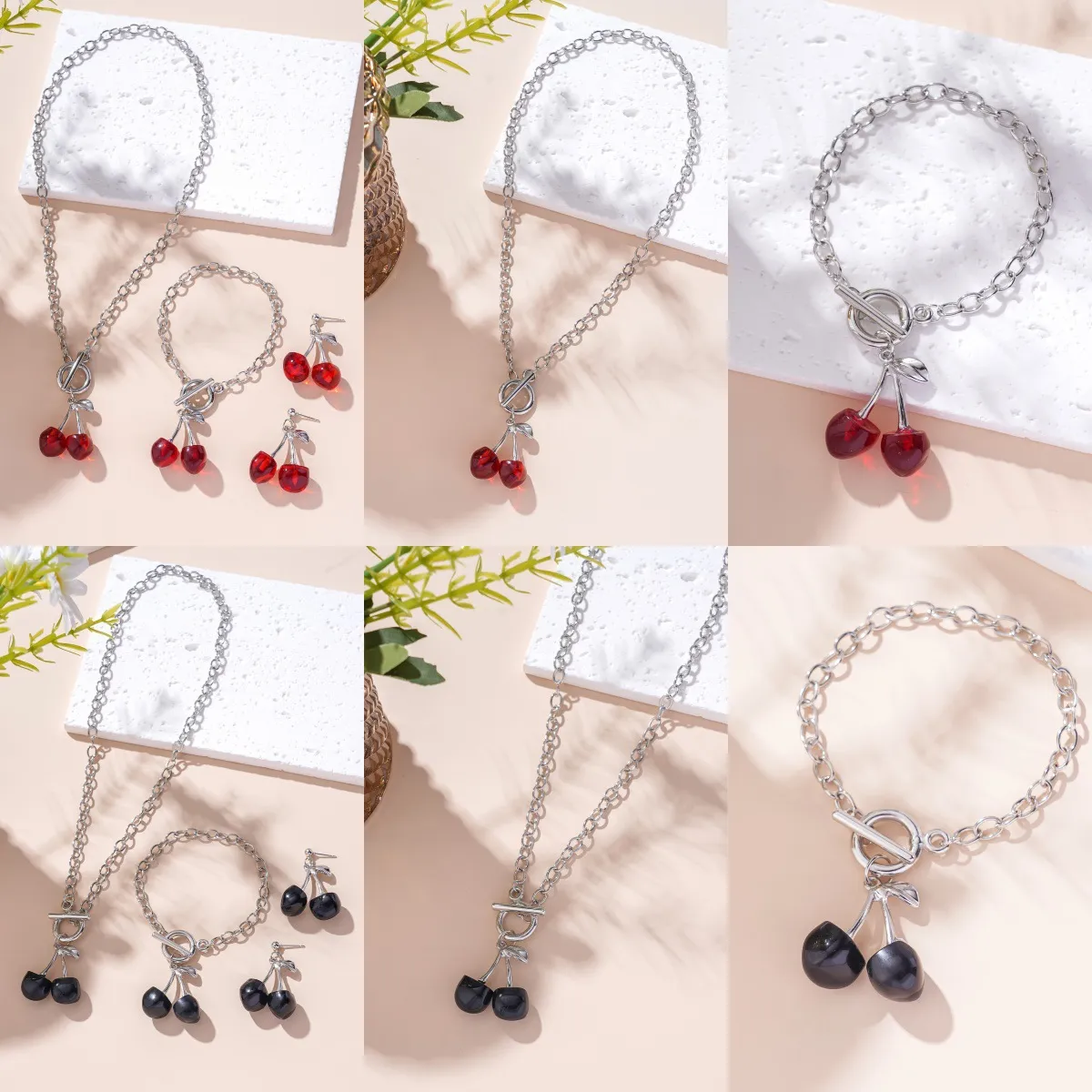 Women Fashion Black Red Cherry Acrylic Earrings Sets