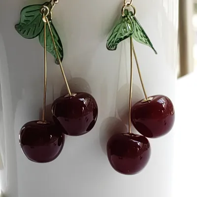 Women Fashion Cute Cherry Shaped Plastic Earrings Lovely Fruit Leaves Jewelry