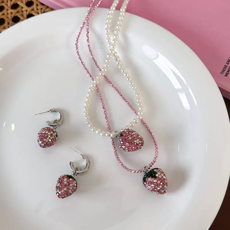 Women Fashion Elegant Strawberry Rhinestone Earrings Necklace Set