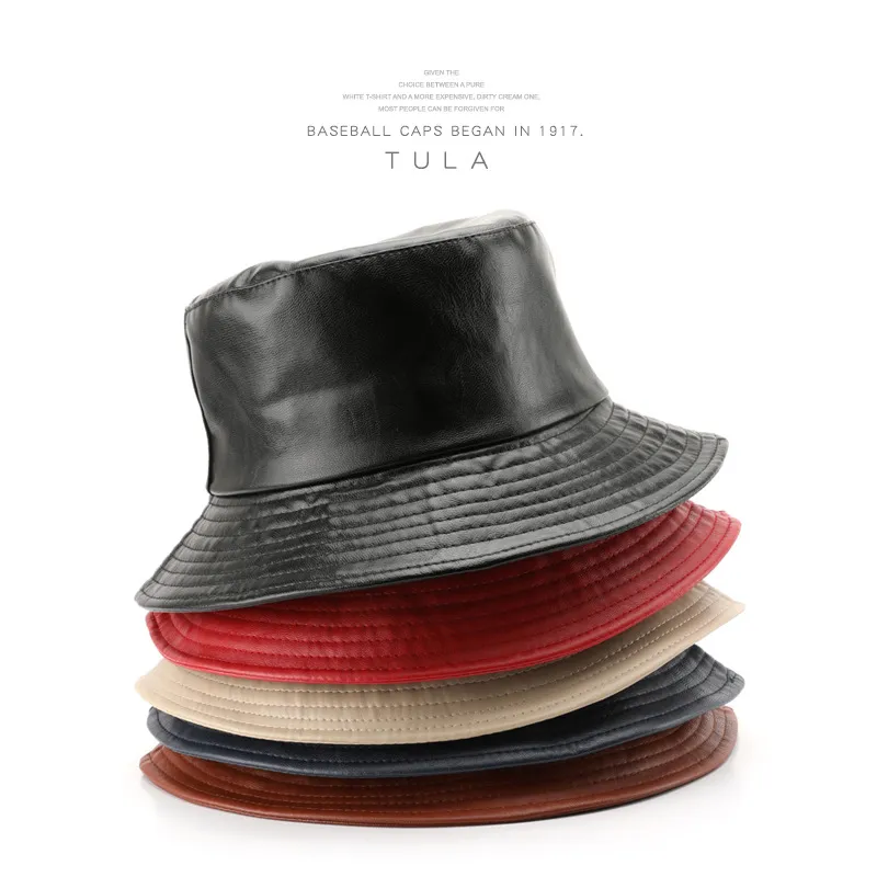 Women Fashion Retro Solid Color PU Leather Bucket Hat