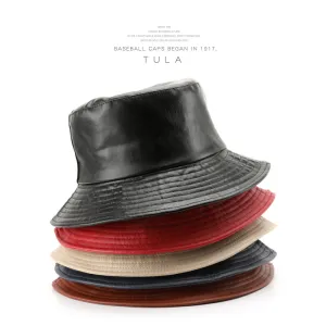 Women Fashion Retro Solid Color PU Leather Bucket Hat