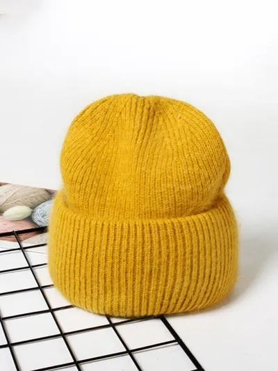 Women Fashion Solid Color Thickened Knitted Beanie Hat