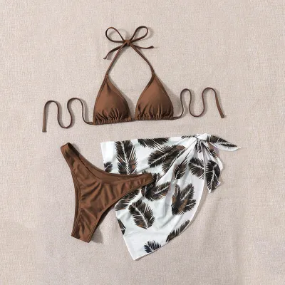 Women Halterneck Solid Color Tie-Up Bikini Three-Piece Sets