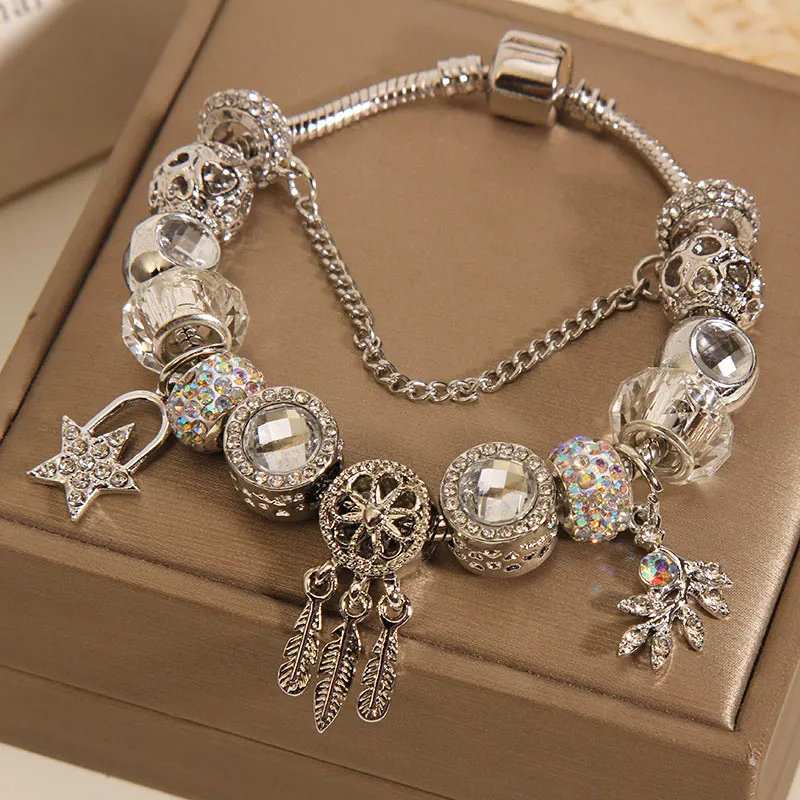 Women Fashion Silver Dreamcatcher Star Pendant Bracelet