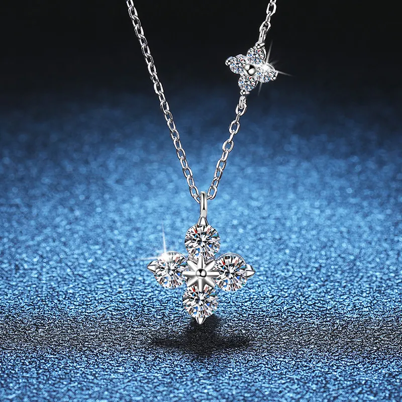 Women Fashion Silver Four-Leaf Carbon Stone Cross Chain Necklace 925 Silver