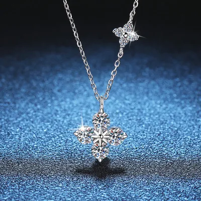 Women Fashion Silver Four-Leaf Carbon Stone Cross Chain Necklace 925 Silver