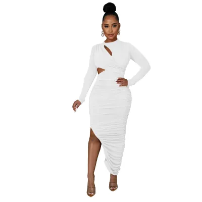 Women Sexy Solid Color Irregular Pleated Round Neck Long Sleeve Maxi Dress