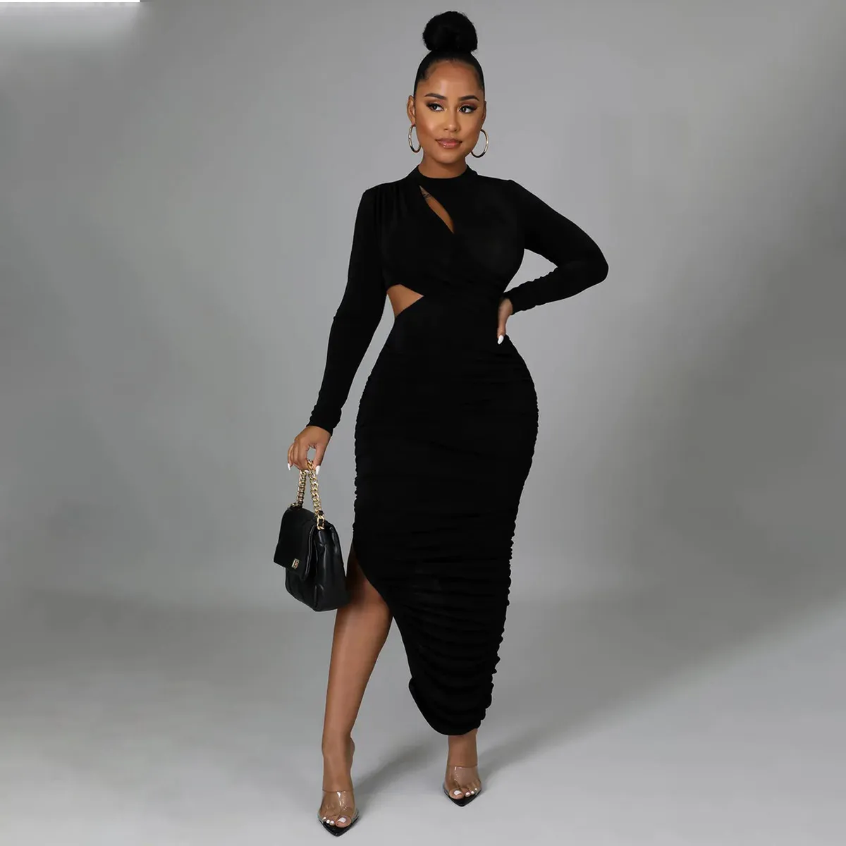 Women Sexy Solid Color Irregular Pleated Round Neck Long Sleeve Maxi Dress