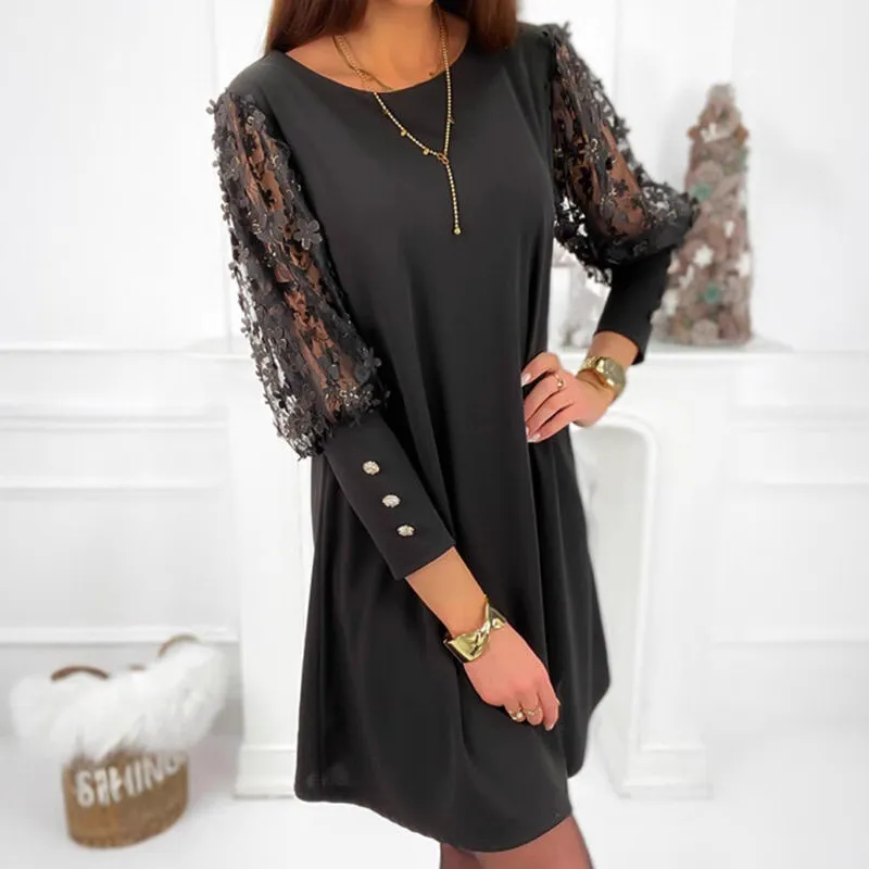 Women Casual Solid Color Lace Hollow Long Sleeve Dress