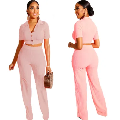 Women Casual Knitted Short-Sleeved Lapel Crop Top Straight Leg Pants Two-Piece Set