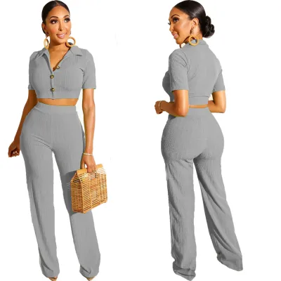 Women Casual Knitted Short-Sleeved Lapel Crop Top Straight Leg Pants Two-Piece Set