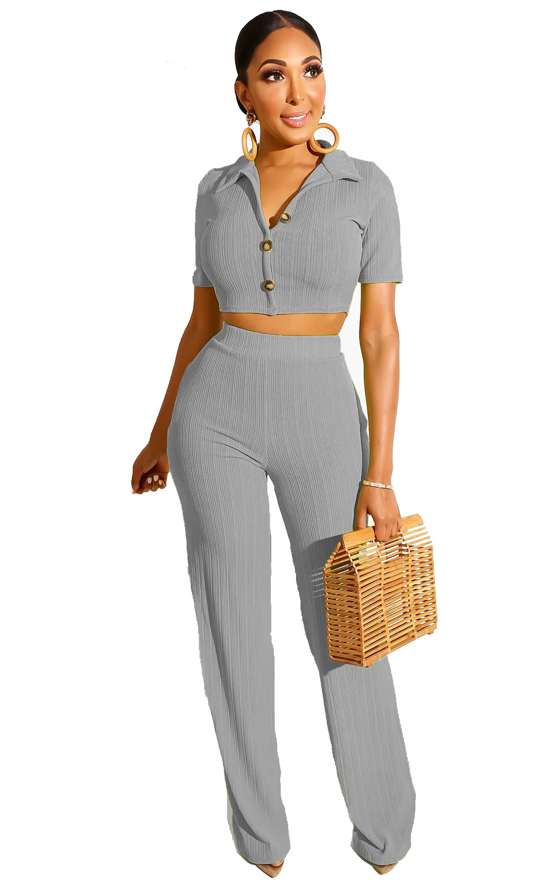 Women Casual Knitted Short-Sleeved Lapel Crop Top Straight Leg Pants Two-Piece Set