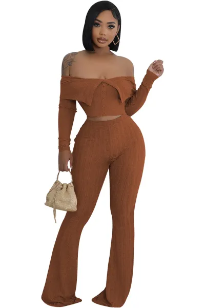 Women's Elegant One Shoulder Crop Top and Tight Pants Two-Piece Set