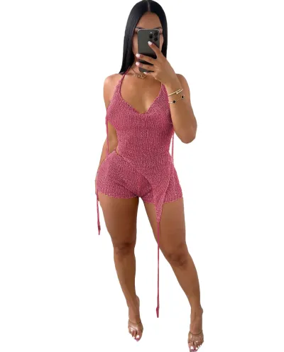 Women Sexy Hollow Irregular Sequin Lace-Up Top Tight Shorts Three-Piece Set